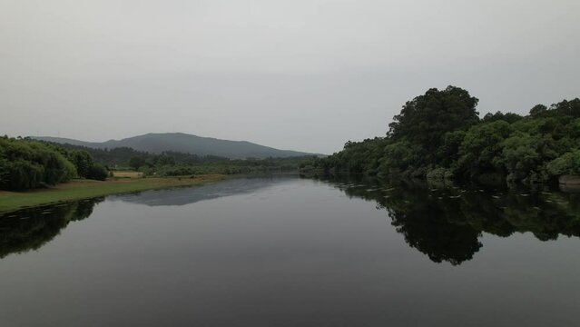 Fly Above River Minho. Border Between the Country of Portugal and Spain. Nature Landscape