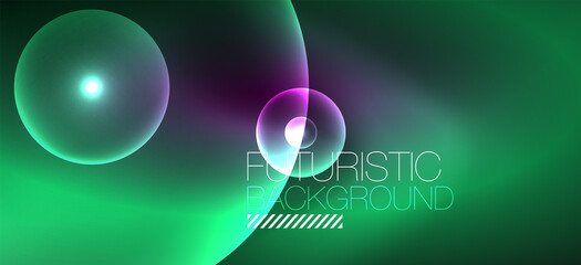 Abstract background with neon glowing light effects. Round shapes, triangles and circles. Wallpaper for concept of AI technology, blockchain, communication, 5G, science, business and technology