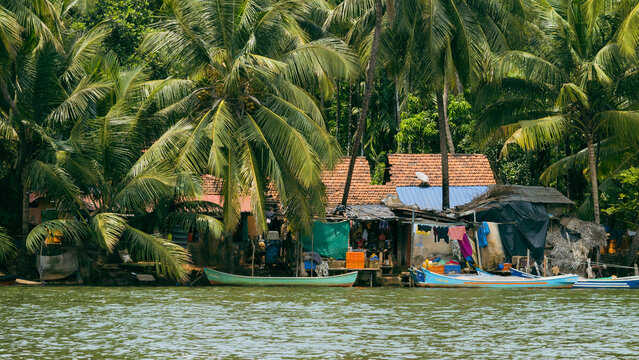A house between coconut trees and boats in front of their home