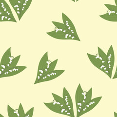 Seamless pattern. Lily of the valley on an isolated background. Vector flat illustration of summer flower..Springtime floral print for textile, decor, wallpaper.