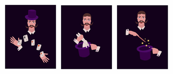 A set of posters with a magician. A rabbit from a hat, a card trick, a magic wand. Vector illustration.