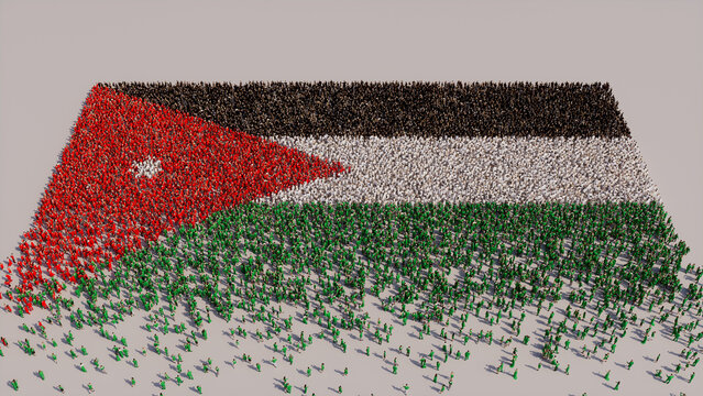 Aerial view of a Crowd of People, gathering to form the Flag of Jordan. Jordanian Banner on White Background.