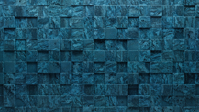 Square, Polished Wall background with tiles. Textured, tile Wallpaper with Blue Patina, 3D blocks. 3D Render