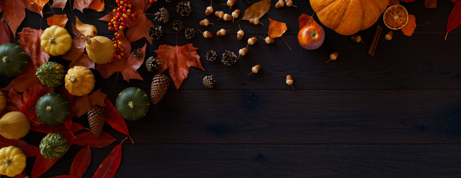 Fall flat lay with leaves, Pumpkins and Fruits. Thanksgiving concept with copy space.