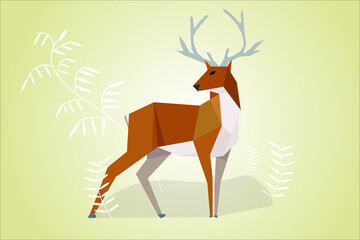 Low poly of a beautiful young deer standing on the grassland isolated. Vector of polygonal christmas deer. Illustration of wild animal flat design. 