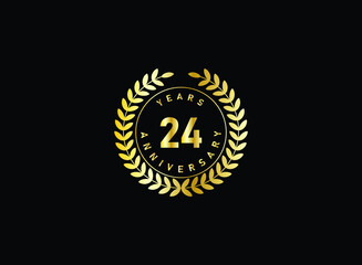 24th anniversary celebration with gold glitter color and white background. Vector design for celebrations, invitation cards and greeting cards.