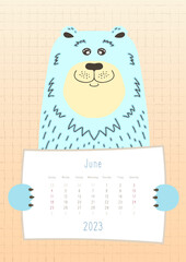 2023 june calendar, cute polar bear animal holding a monthly calendar sheet, hand drawn childish style
