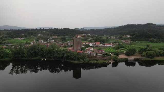Mon&ccedil;&atilde;o, Medieval Tower of Lapela Aerial View. River Minho, Portugal View from Spain