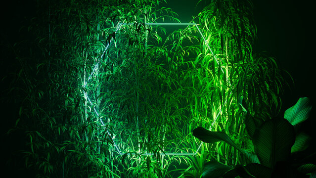 Futuristic Background Design. Tropical Leaves with Blue and Green, Hexagon shaped Neon Frame.