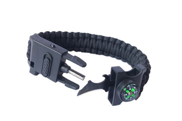 Paracord bracelet with black clasp and compass. Fashionable accessory Survival bracelet (wrist compass)  isolated on white background