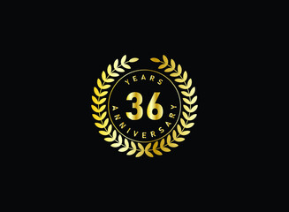 Fototapeta premium 36th anniversary celebration with gold glitter color and white background. Vector design for celebrations, invitation cards and greeting cards.