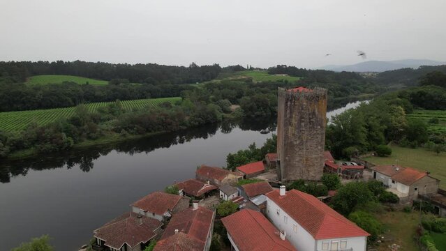 Mon&ccedil;&atilde;o, Medieval Tower of Lapela Aerial View. River Minho, Portugal