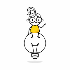 Illustration of a woman sitting on top of a big light bulb. Creativity and idea concept. Hand drawn doodle stickman isolated on white background. Vector stock illustration