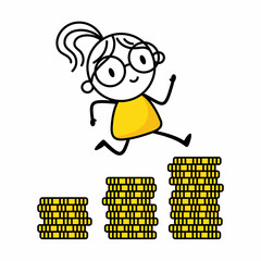 Woman jumping to golden stack coins for her financial independence. Financial planning for the future. Vector stock illustration