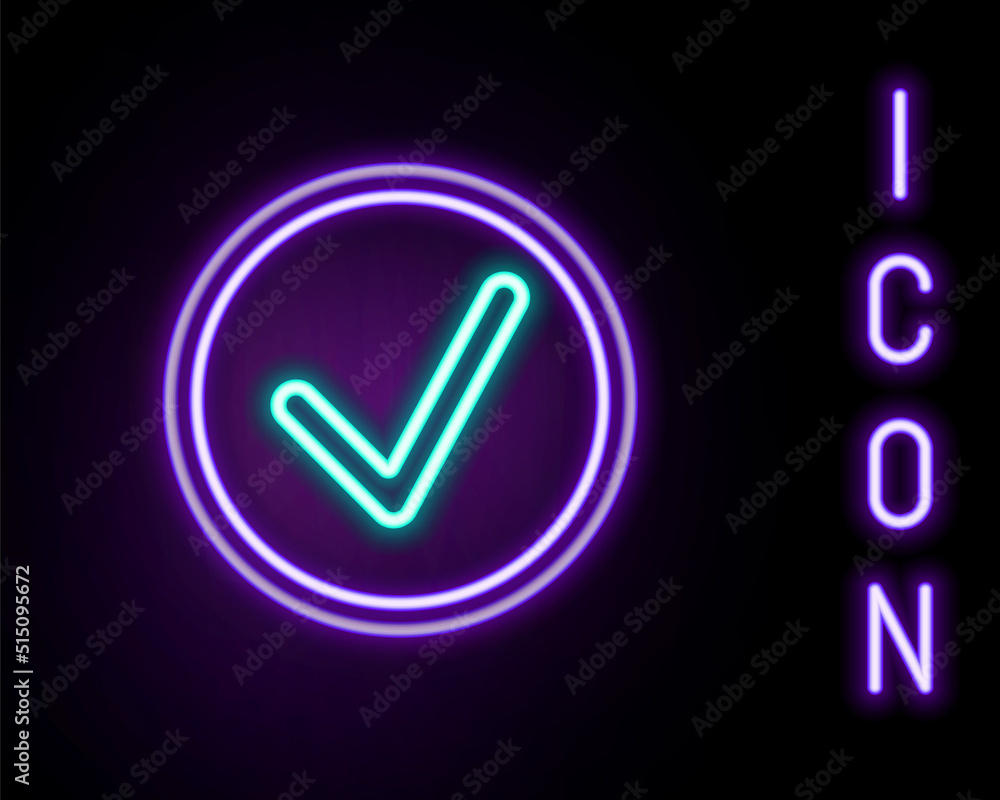 Poster glowing neon line check mark in circle icon isolated on black background. choice button sign. checkm