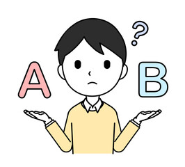 両手にAとBを持って比べる男性のイラスト 困り顔 上半身 線画