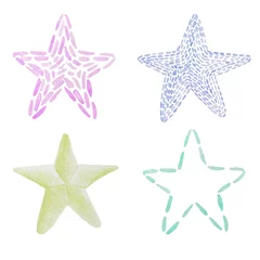 Fotobehang Watercolor colorful embroidery stars. Stars illustration symbols with machine embroidered texture background, stitch effect Illustration. © Берилло Евгения