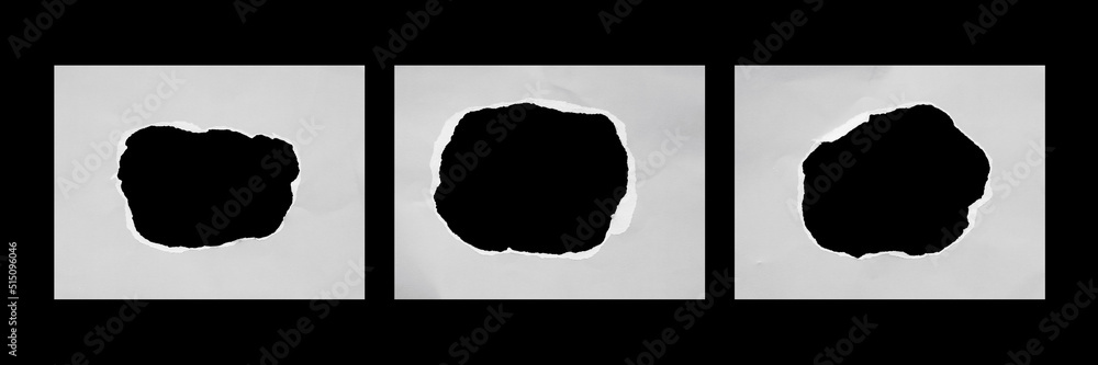 Poster collection of torn paper with the curled ripped sides. a round black hole of torn on the white paper. realistic torn paper with the ripped edges for copy space and text.