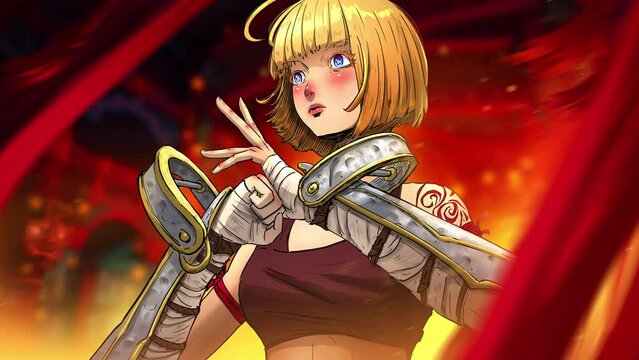A cute girl in iron brass knuckles in an eastern temple makes a kung fu gesture with her hands, she is a martial artist, blonde bob hairstyle, blue eyes and a naive face. clean looped 2d animation 