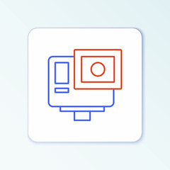 Line Action extreme camera icon isolated on white background. Video camera equipment for filming extreme sports. Colorful outline concept. Vector