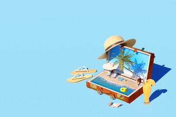 旅行鞄と南国のリゾートビーチ / コピースペースのある夏の旅行・サマーバケーション・開放的な休暇のコンセプトイメージ / 3Dレンダリング - obrazy, fototapety, plakaty