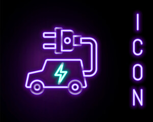 Glowing neon line Electric car and electrical cable plug charging icon isolated on black background. Renewable eco technologies. Colorful outline concept. Vector