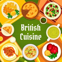 British cuisine menu cover. Duck with mint sauce, roast beef with yorkshire pudding and shepherd soup with lamb, fish and chips, sorrel cream soup and kidney pie with steak, chicken cherry salad
