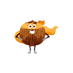 Walnut in shell, whole fruit with kernel superhero in face mask and cape isolated happy emoticon cartoon character. Vector brown nut, vegetarian snack, kids children superfood comic hero with arms