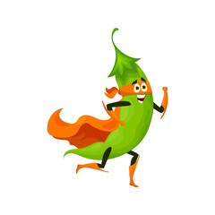 Green pea pod superhero in face mask and cape cartoon character comic emoticon isolated legume superfood hero with big eyes and hands. Vector edible bean, fresh vegetarian food, legume in costume