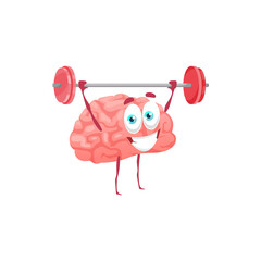 Cartoon brain lifting dumbbells isolated emoticon funny smiling character. Vector memory training, creative brain mascot with sport barbell. Strong doing doing exercises in gym, mental health, iq