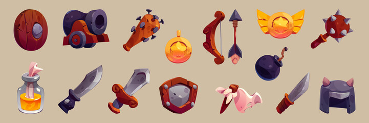 Military old game icons cartoon vector set. Isolated war weapon collection, cannon and cannonball, wooden bow and arrow, sword, shield, spiked mace, horned helmet, white flag, glass incendiary bomb