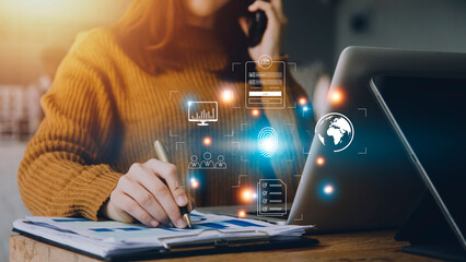 Online transactions, Businessman touching fingerprint scan provides security interface payment shopping banking and cloud computing network connection on virtual screen.