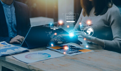 Online transactions, Businessman touching fingerprint scan provides security interface payment shopping banking and cloud computing network connection on virtual screen.