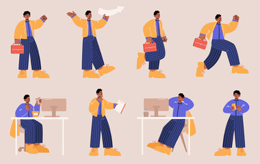 Businessman, office black skin worker poses set. Vector flat illustrations of employee character with briefcase and phone busy at workplace, run, hold arrow and thinking isolated on background