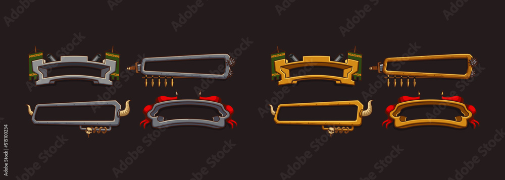 Poster fantasy frames with medieval weapon for rpg game ui design. vector cartoon set of empty banners with