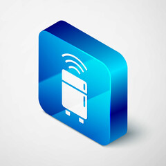 Isometric Smart refrigerator icon isolated on grey background. Fridge freezer refrigerator. Internet of things concept with wireless connection. Blue square button. Vector