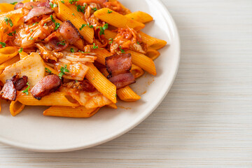 stir-fried penne pasta with kimchi and bacon