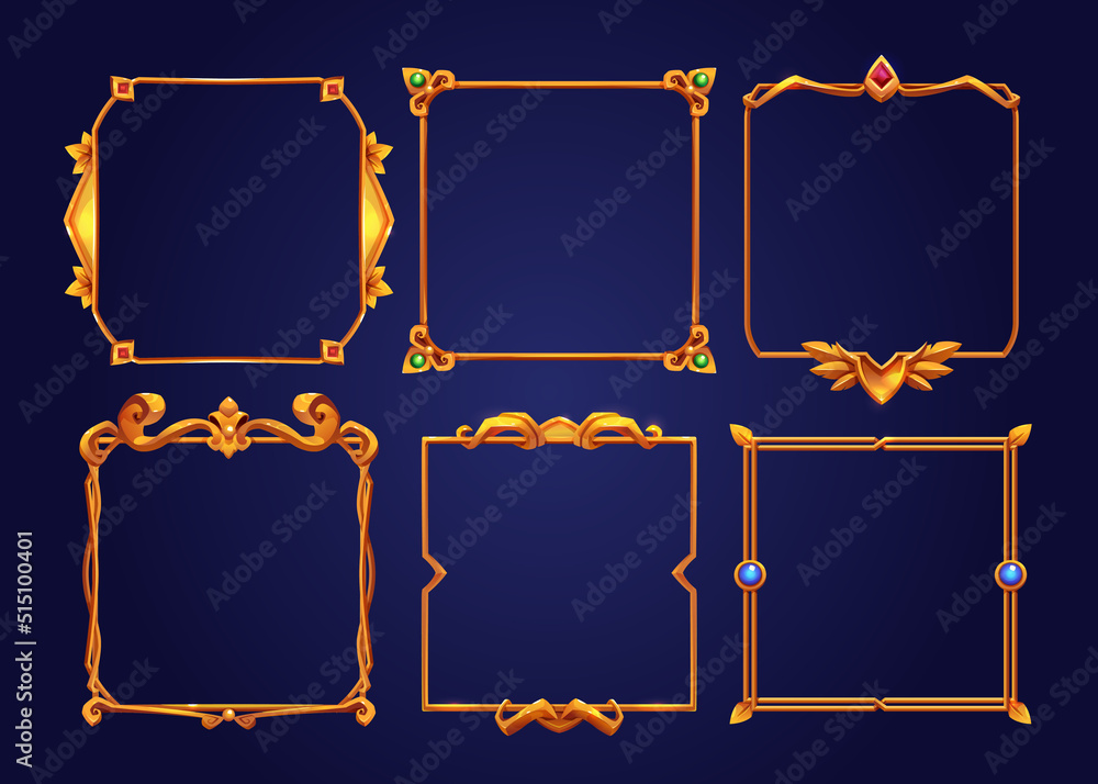 Poster vintage square golden frames for rpg game ui banners and elements. vector cartoon set of empty fanta