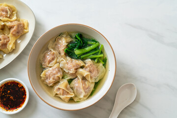 pork wonton soup or pork dumplings soup with vegetable
