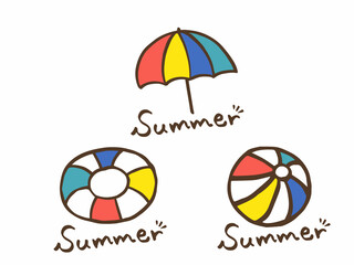 かわいい夏のカラフルな浮き輪とビーチボールとパラソルセットとSummerの手描き文字／手描きイラスト素材
