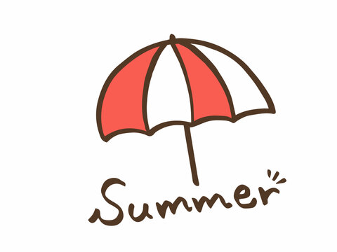 かわいい夏のカラフルなパラソルとSummerの手書き文字／手描きイラスト素材