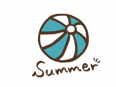 かわいい夏の緑色のビーチボールとSummerの手書き文字／手描き文字イラスト素材