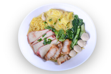 Chinese Noodle With Barbecue Pork And Wanton In The Soup on White background (clipping path)