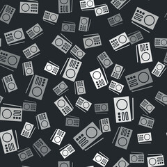 Grey Radio with antenna icon isolated seamless pattern on black background. Vector