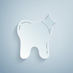 Paper cut Tooth whitening concept icon isolated on grey background. Tooth symbol for dentistry clinic or dentist medical center. Paper art style. Vector