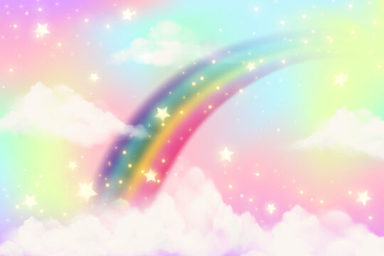 Rainbow background with clouds and sprinkles in watercolor style on pink background. Fantasy pastel color. Realistic vector cartoon illustration.