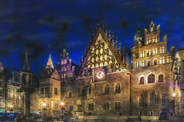 Fototapeta na wymiar Watercolor Painting of Wroclaw's Historic Tawn Hall by Night