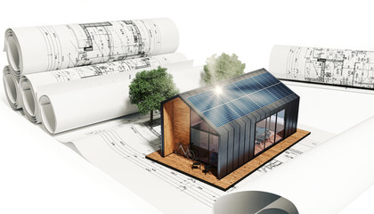 Solarmodule an einem modernen Einfamilienhaus - 3D Visualisierung