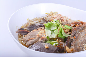 Duck noodle soup on white background, Hot food with clipping path
