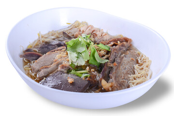 Duck noodle soup on white background, Hot food with clipping path